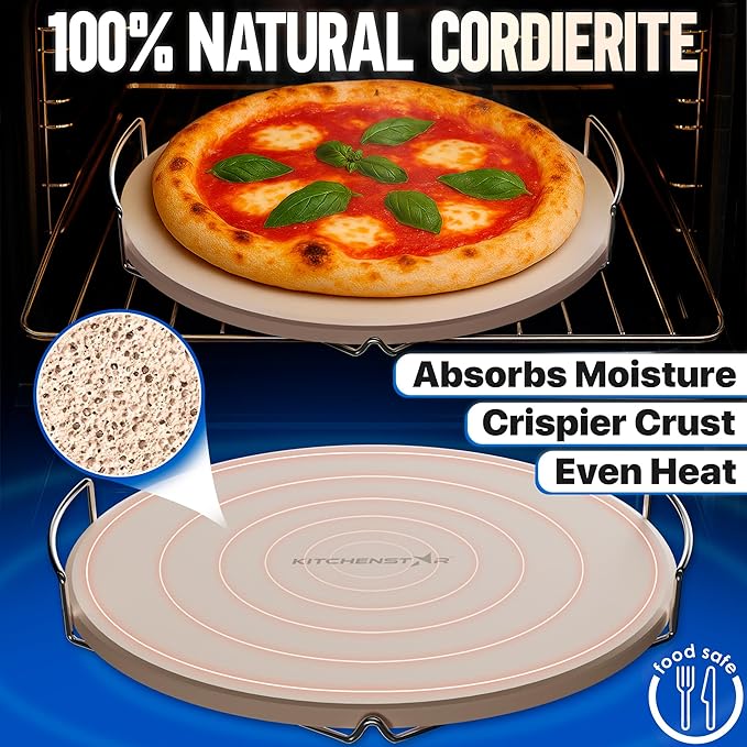 KitchenStar 12-inch Pizza Stone for Oven and BBQ Grill with Handles, Round, 5/8" Thick - Natural Cordierite, 1800 °F Resistant, Baking Stone Set with Stainless Steel Rack & Plastic Scraper Tool
