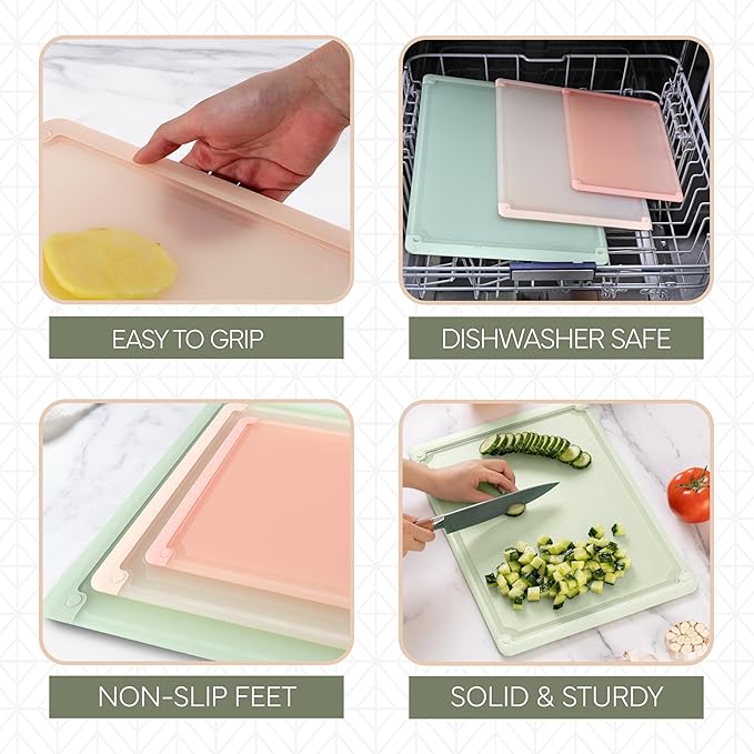 COOK WITH COLOR Extra Large Cutting Board Set, Jumbo-Sized Boards with Rubber Border for Enhanced Cooking Experience, 3-Piece, Sage Pink
