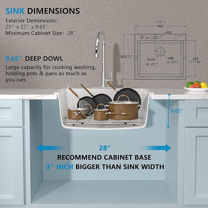 25 Granite Composite Kitchen Sink - Fulorni 25"×22" Granite Kitchen Sink Drop In Topmount White Quartz Classic Above Counter Single Bowl Basin