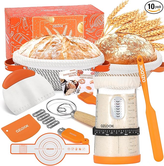 Sourdough Starter Kit,34oz Sourdough Starter Jar,2 X Cotton Rope Banneton Bread Proofing Basket with Bread Lame, Scraper,Sling, Dough Whisk,Perfect Gifts for Bakers Sourdough Bread Baking Supplies