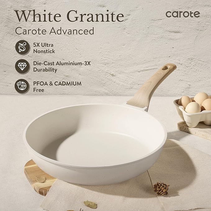 CAROTE ICE 35pcs Pots and Pans Set, Nonstick Cookware Sets, White Granite Induction Cookware with Kitchen Knife Set