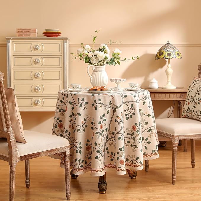 French Tablecloth for Round Tables,Linen Table Cloth with Colorful Flowers and Leaves Pattern,Heavy Durable Table Cover for Dining Thanksgiving Kitchen Decor Party Christmas,Diameter 55"