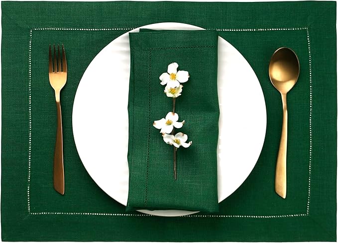 D'Moksha Homes Linen Placemats Set of 4 - Classic Hemstitch Forest Green Placemats 14 x 19 Inch - 100% Pure Linen Table Mats for Thanksgiving, Christmas, Holiday - Handcrafted and Machine Washable