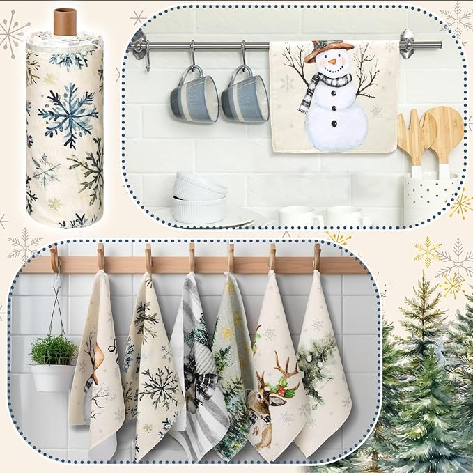 36 Pcs Christmas Reusable Paper Towels Rolls Washable Bulk Winter Christmas Tree Reindeer Kitchen Dish Towels Paperless Reusable Cloth Cotton Napkins with Cardboard for Kitchen Home Bathroom