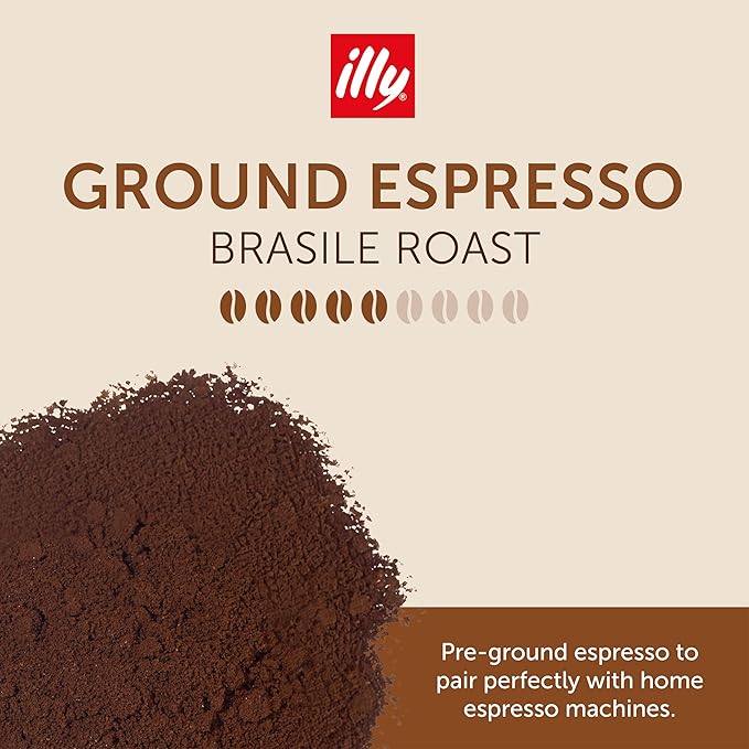 Illy Ground Espresso Coffee, Brasile Cerrado Mineiro Medium Roast - Notes of Caramel and Dried Fruit -100% Arabica-Pre-Ground for Espresso-Pressurized Packaging Sealed for Freshness - 8.8oz(Pack of 6)