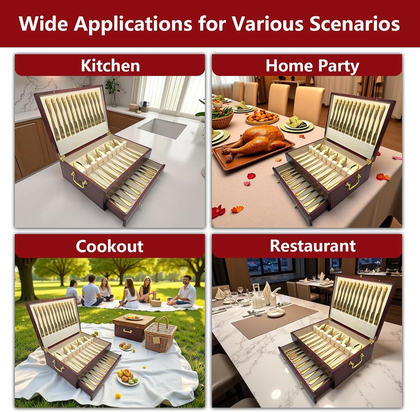 Silverware Storage Box, Kitchen Drawer Organizer, Drawer-containing flap-type storage box, Wood Chest, with Tarnish Proof Felt Lined, Storage Silver Chest for Kitchen (2 layer)