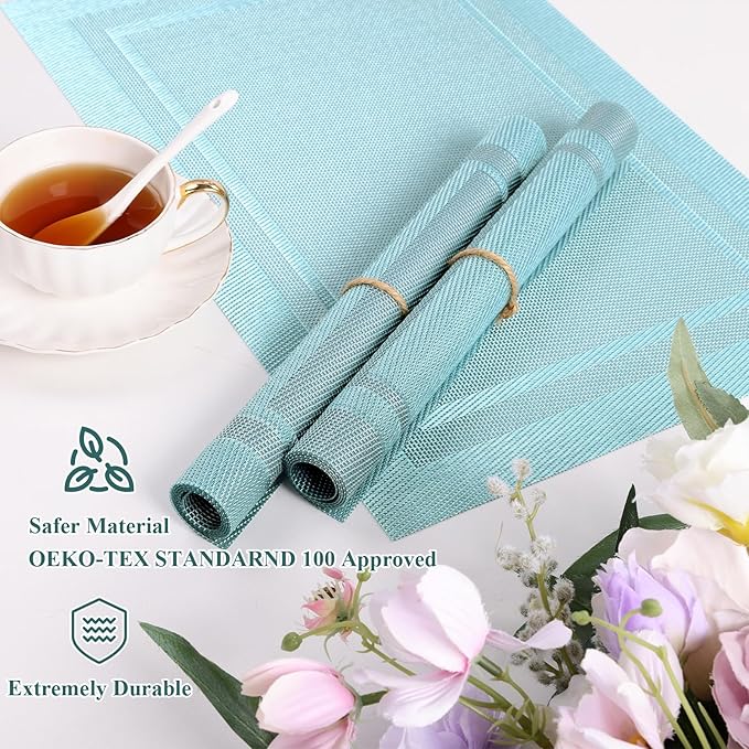 SHACOS Woven Vinyl Placemats Set of 4 Wipe Clean Place Mats for Dining Table Heat Resistant PVC Weave Table Mats Indoor Outdoor (4, Frame Light Turquoise)