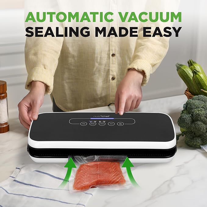 NutriChef Automatic Vacuum Air Sealing System for Food Preservation with Starter Kit, Compact Design, Lab Tested, Dry & Moist Food Modes with Led Indicator Lights, Black