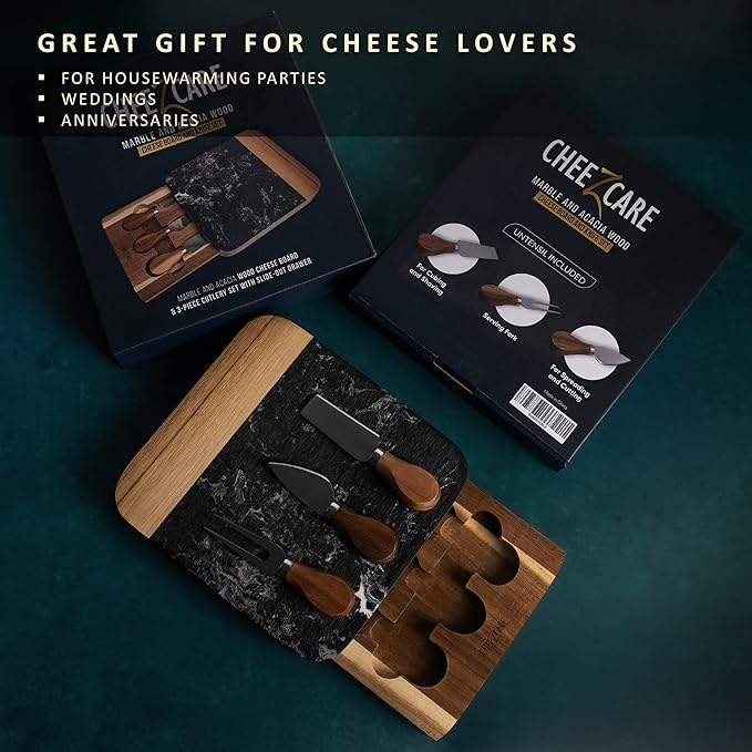 Marble Cheese Board - Acacia Wood Tray With 3-Knife Set - Charcuterie Board for 2-6 People - Great Gift for Weddings, Anniversary & Housewarming Parties - Black