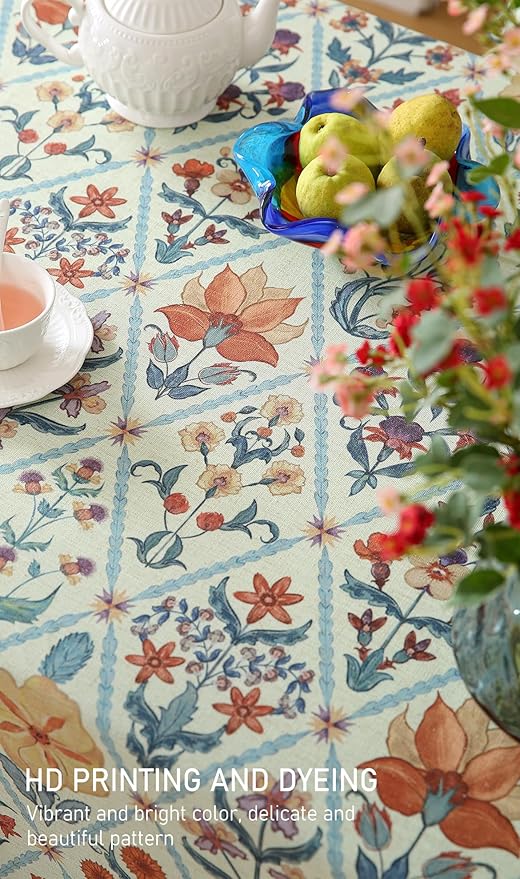 French Tablecloth for Rectangle Tables,Linen Table Cloth with Colorful Flowers and Leaves Pattern,Heavy Durable Soft Table Cover for Dining Kitchen Decor Party Christmas,55"*71"