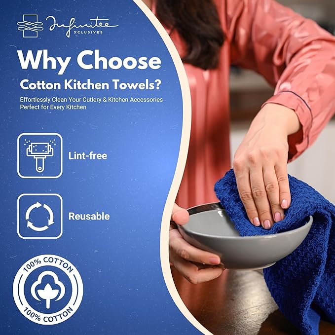 Infinitee Xclusives Premium Kitchen Towels - [Pack of 12] 100% Cotton Kitchen Hand Towels (15 x 25 Inches) - Dish Towels for Kitchen |Mighty Blue|
