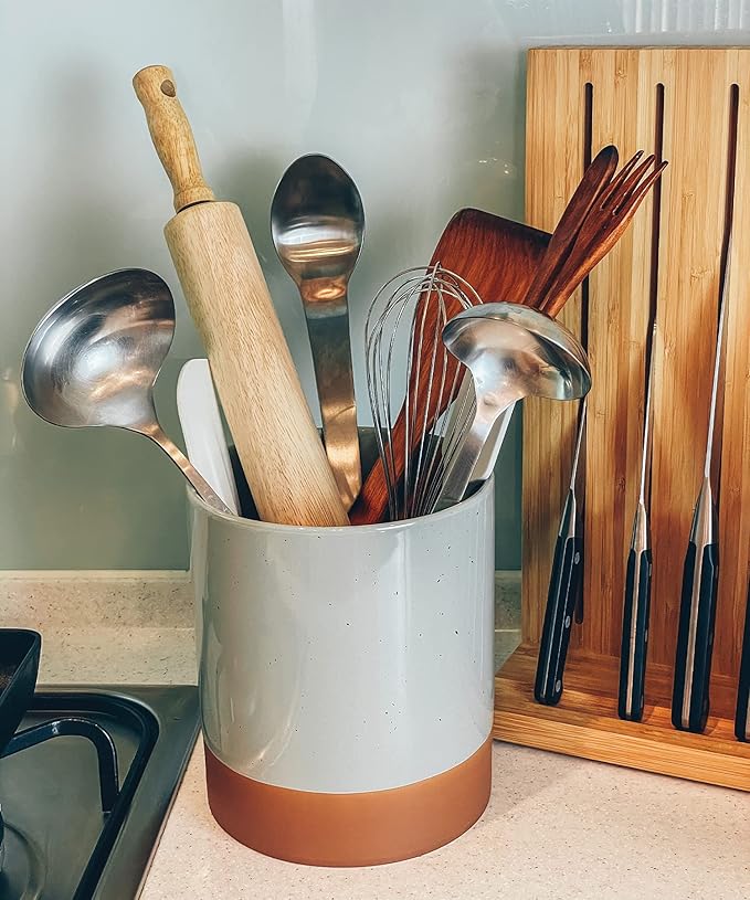 Mora Ceramic Kitchen Utensil Holder - Wooden Spoon & Spatula Crock for Countertop, Modern Farmhouse Home Decor, Extra Large 7.3" Cooking Organizer for Stove Top and Counter - Heavy & Sturdy - Grey
