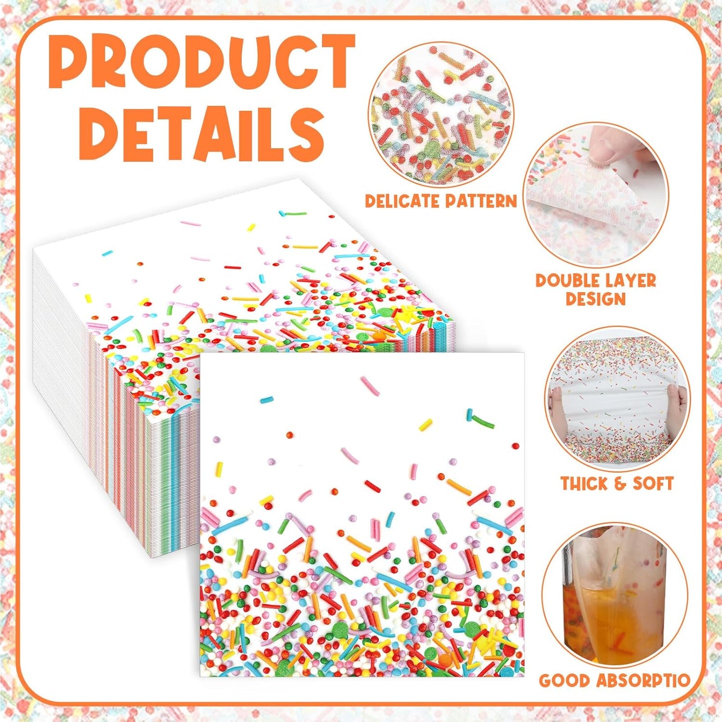 100 Pcs Sprinkles Napkins 2 Ply Disposable Paper Napkins for Baby Shower Birthday Party Theme Table Decor Supplies(White,Confetti)