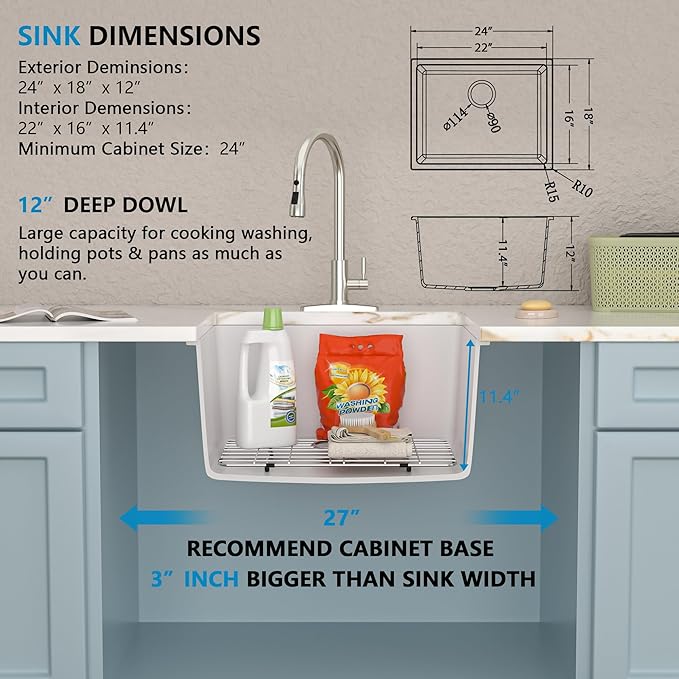 24 Undermount Laundry Sink - Fulorni 24"x18" Laundry Room Utility Sink White Granite Composite Quartz Classic 12 Inch Deep Single Bowl Under Counter Basin