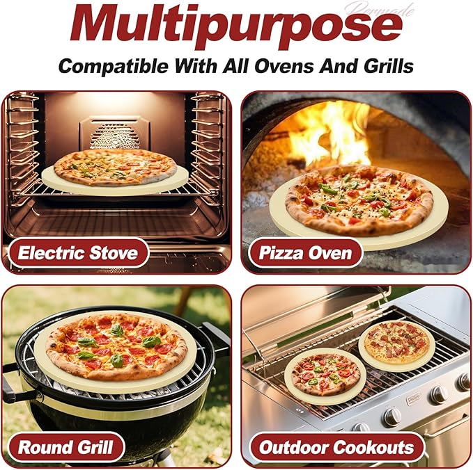 Round Pizza Stone for Grill and Oven- 12 inch Baking Stone Heavy-Duty Cordierite Pizza Stone for Bread, Cookies, Heat Proof BBQ Grilling Cooking Stone for Making Crisp Crust Pizza (Beige)
