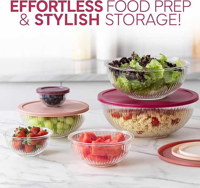 COOK WITH COLOR 12 Pc Glass Mixing Bowl Set with Lids – Borosilicate Glass Nesting Bowls for Cooking, Baking and Meal Prep, Fluted Rose