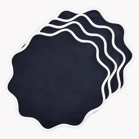 Solino Home Linen Scallop Cloth Placemats Set of 4-100% Pure Linen White and Navy Round Placemats 16 Inch for Fall, Autumn, Holiday, Winter - Giselle Scallop Edge, Handcrafted and Machine Washable