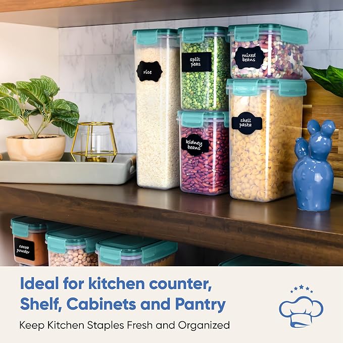 Chef's Path Airtight Food Storage Containers with Lids, 24 pcs (Teal Color) Plastic Kitchen and Pantry Organization for Dry Food, Flour and Sugar, BPA Free