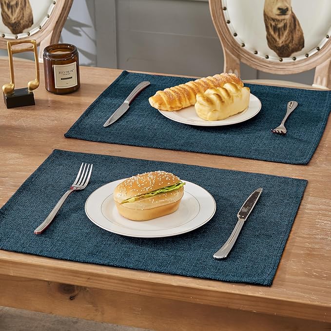 BALCONY & FALCON Placemats Set of 4 Faux Linen Cloth Place Mats Washable Waterproof Wrinkle Resistant Table Placemats for Dining Kitchen Farmhouse Indoor & Outdoor Use(Navy Blue, 13.8”x 17.7”