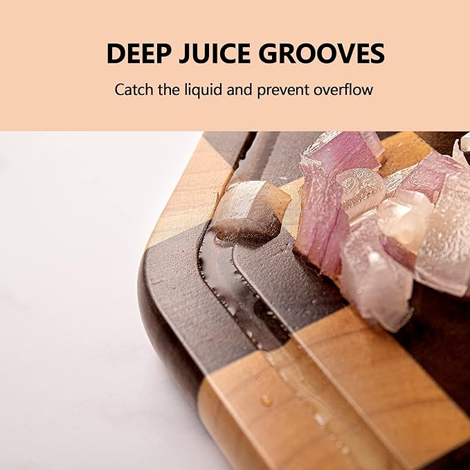 TJ POP End Grain Wood Cutting Board With Juice Groove, Octagon Serving Board For Kitchen, Flippable Charcuterie Board For Cheese, Bread & Fruits, 12x12x0.8 Inch