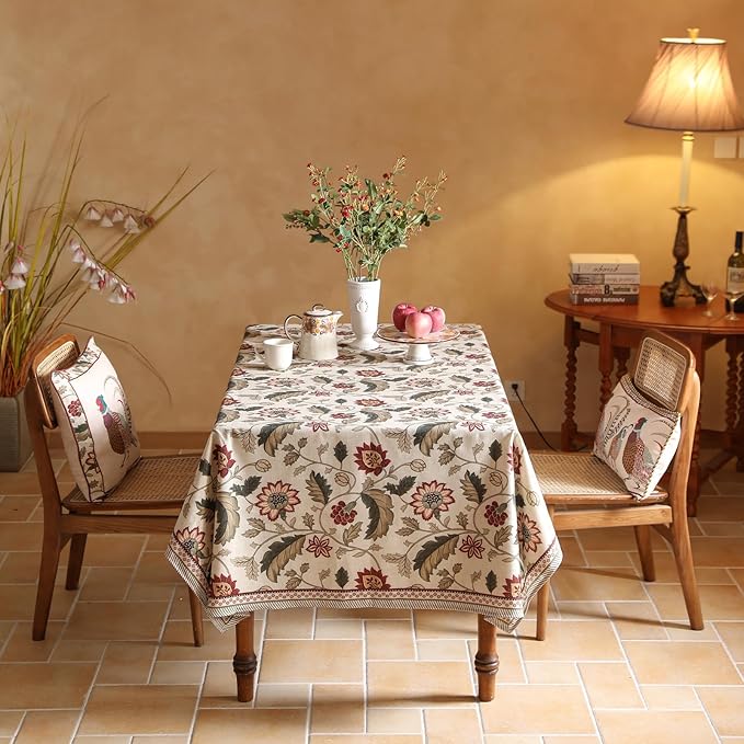 French Tablecloth for Rectangle Tables,Linen Table Cloth with Red Flowers Pattern,Heavy Durable Table Cover for Dining Thanksgiving Kitchen Decor Party Banquet Christmas,55"*79"