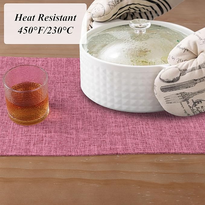 SHACOS Woven Fabric Placemats Set of 4 Heat Resistant Place Mats Non Slip Washable Double Layer Cloth Placemats Reversible Table Mats Kitchen Dining Table Decor (4, Hot Pink)