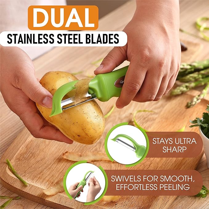Spring Chef Premium Green Swivel Vegetable Peeler Set of 2, Stainless Steel Apple Peeler for Kitchen with Soft Grip Handle, Dishwasher Safe, Perfect for Potato, Carrot, Veggie, Fruit, Apple, Mango