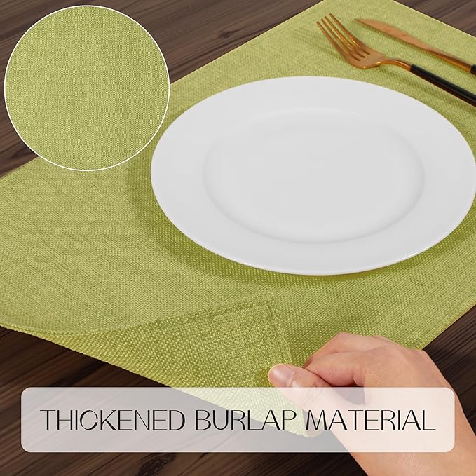 Romanstile Cloth Placemats Set of 8-12 x 18 Inch, Heat Resistant Double Layered Thickened Burlap Place Mats, Washable Faux Linen Farmhouse Table Mats for Kitchen/Dining/Party/Outdoor, Green
