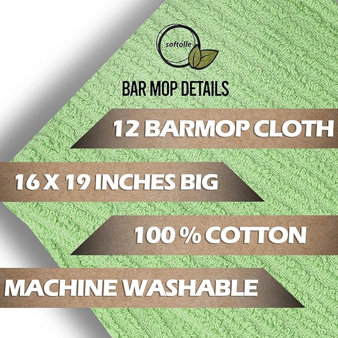 Softolle Bar Mop Towels, Pack of 12-16x19 Inches - 100% Cotton Super Absorbent Towels, Multi-Purpose for Home and Bar Cleaning (Light Green)