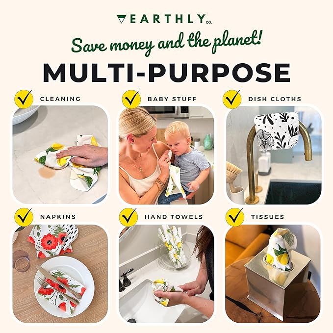 Reusable Paper Towels - 10 Pack - Roll of Washable Cotton Cloth Paper Towels - Paperless Reusable Napkins Cloth Washable - Absorbent + Long Lasting - Zero Waste Products - (Valencia)