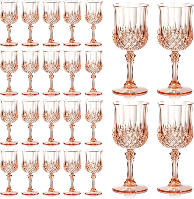 XUWAIDSGN 24 Pcs 7oz Plastic Vintage Wine Glasses Drinking Glasses Unbreakable Wedding Glassware Crystal Water Goblets Reusable Drinkware Vintage Champagne Flutes (24, Pink)