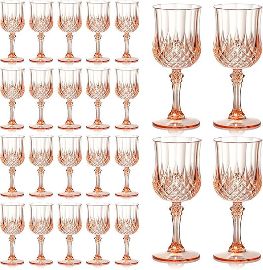 XUWAIDSGN 24 Pcs 7oz Plastic Vintage Wine Glasses Drinking Glasses Unbreakable Wedding Glassware Crystal Water Goblets Reusable Drinkware Vintage Champagne Flutes (24, Pink)