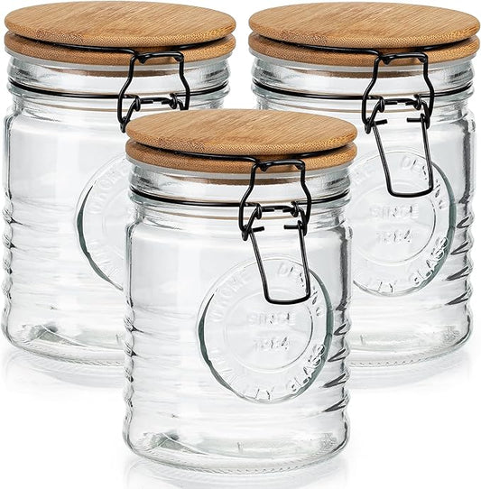kitchentoolz Glass Storage Jars with Airtight Lids - Set of 3 Mason Storage Containers for Cereal, Coffee & Rice - 23 Ounce Pantry Organizing Canister Set