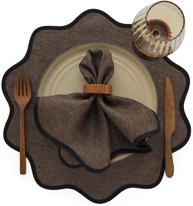 Solino Home Scallop Linen Placemats Set of 4-100% Pure Linen Black and Chambray Brown Round Cloth Placemats 16 Inch for Fall, Thanksgiving - Giselle Scallop Edge, Handcrafted and Machine Washable