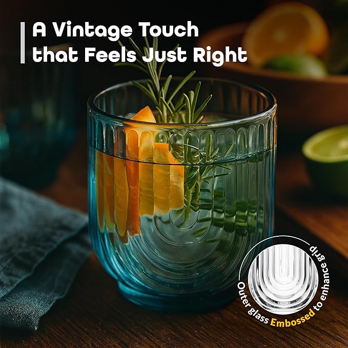 Glaver's Double Old Fashioned Rock Glasses, Set of 4 Blue Whiskey Glasses, 11 oz Art Deco U-Shape Design Embossed Everyday Home Bar Glassware. Art Deco Elegant Kitchen Drinking Glasses.