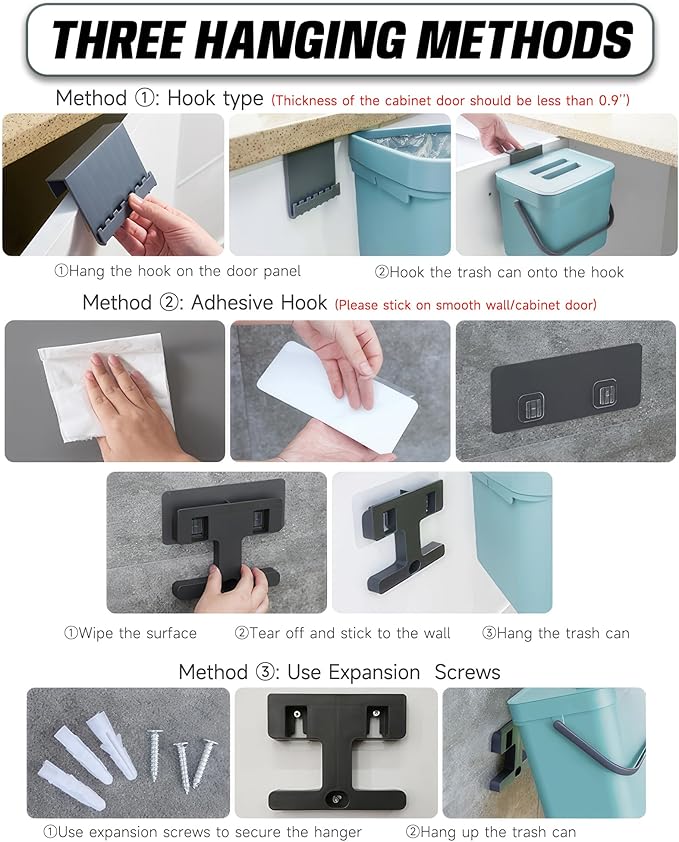 Kitchen Compost Bin - 3.2 Gallons Hanging Trash Can with Lid for Kitchen Bathroom, Under Sink Trash Can, Outdoor Compost Bucket with Lid, 12L(Black)