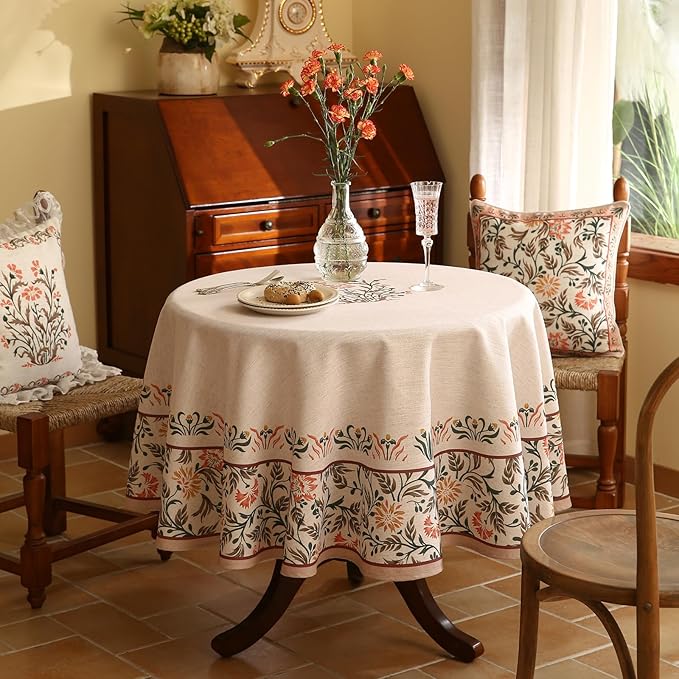 Floral Tablecloth for Round Tables,Linen Table Cloth with Double-Edged Lily Pattern,Heavy Durable Table Cover for Dining Thanksgiving Kitchen Decor Party Christmas,Diameter 55"