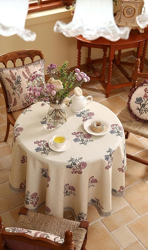 French Tablecloth for Round Tables,Linen Table Cloth with Colorful Flowers Pattern,Heavy Durable Table Cover for Dining Thanksgiving Kitchen Decor Party Christmas,Diameter 55"