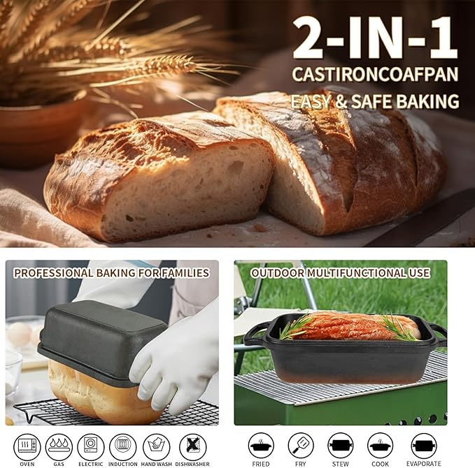Blisswave Cast Iron Loaf Pan with Lid | Bread Baking Pans | Even Heat Distribution for Homemade Bread, Cake, Meatloaf | 2 Piece Set with 2 Bonus Bread Mats