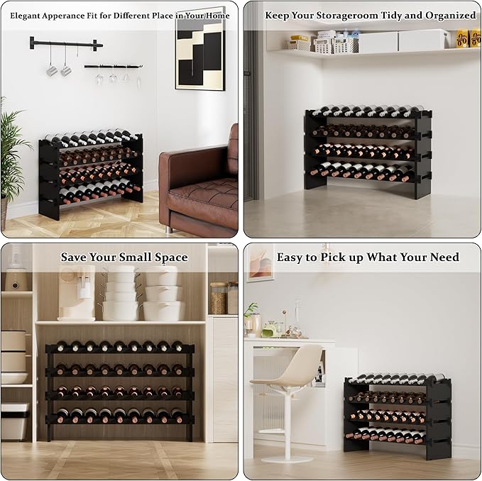 Bambloom Wine Rack Freestanding Floor, Wooden Stackable Bottle Storage Rack for Kitchen,Cellar. 36 Bottles Wine Holder Display Shelves for Champagne(Black)
