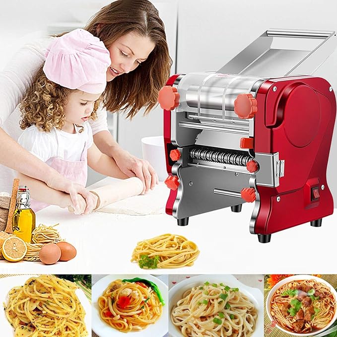 Pasta Making Machine,Electric Noodle&Dumpling Maker For Home/Commercial Use,Full Stainless Steel Dual Knife No Disassembled-3/9mm Width Noodle/0.3-5mm Thickness Dough-Auto Noodle Cutter.