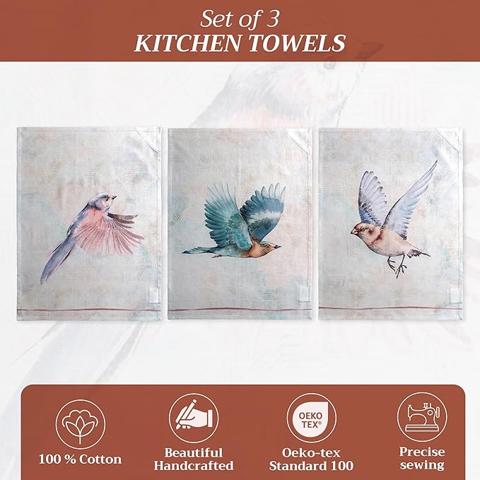 Maison d' Hermine Kitchen Towels Set of 3 100% Cotton 27.50" x 20" Reusable Cloth Tea Dish Towels Absorbent with Hanging Loop for Kitchen, Home, Dining, Cocktail Parties Spring/Summer (Flying Birds)