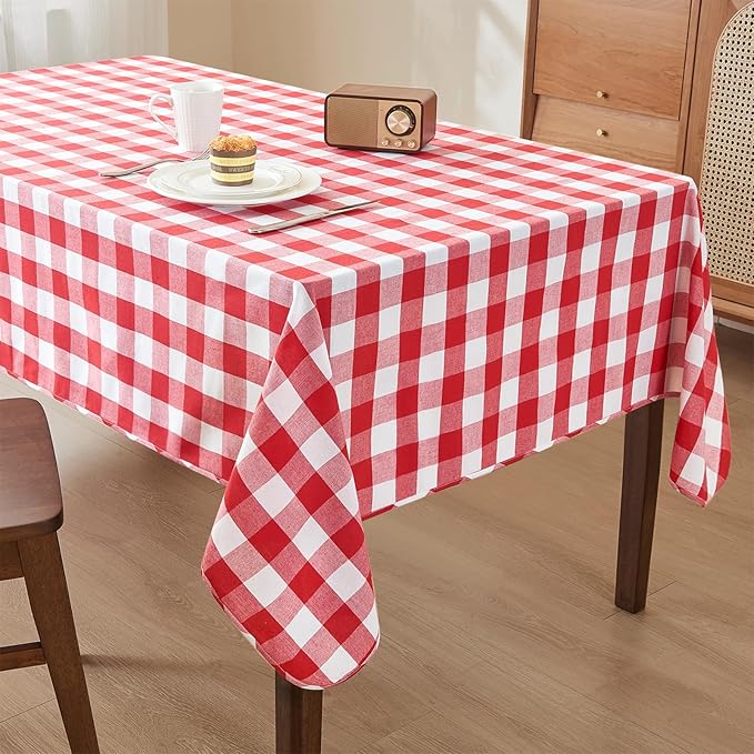 Yarn Dyed Cotton Blend Table Cloth Rectangle Table Cover 55x95 Inches Waterproof Indoor/Outdoor Red and White Checkered Gingham Rectangle Tablecloth for Dining Room BBQs Buffet Camping