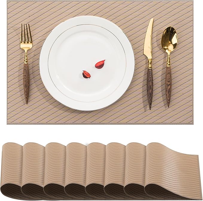 BACKTOEDEN Placemats Set of 8 Heat Resistant Washable Wipeable Placemat Woven Non-Slip Foldable Vinyl/Plastic Place Mats Indoor/Outdoor Mat Kitchen Dining Table Pad, Khaki Twill