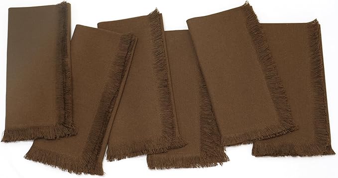 PurpleEssences Cloth Napkins with Fringes, 100% Cotton Christmas Holiday Winter Table Decor, Set of 6 18x18 Inch Reusable Dinner Napkins for Parties and Weddings - Brown