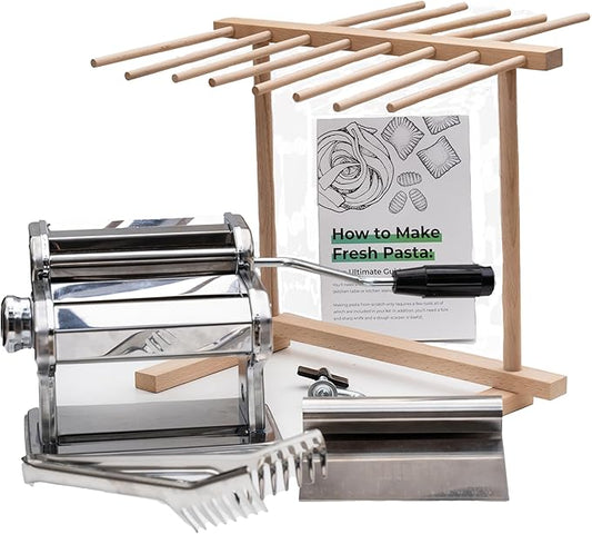 Cotswold Homeware Stainless Steel Pasta Making Machine with Adjustable Thickness Settings | Wooden Pasta Drying Rack | Pasta Cutter Scraper and Pasta Serving Tongs