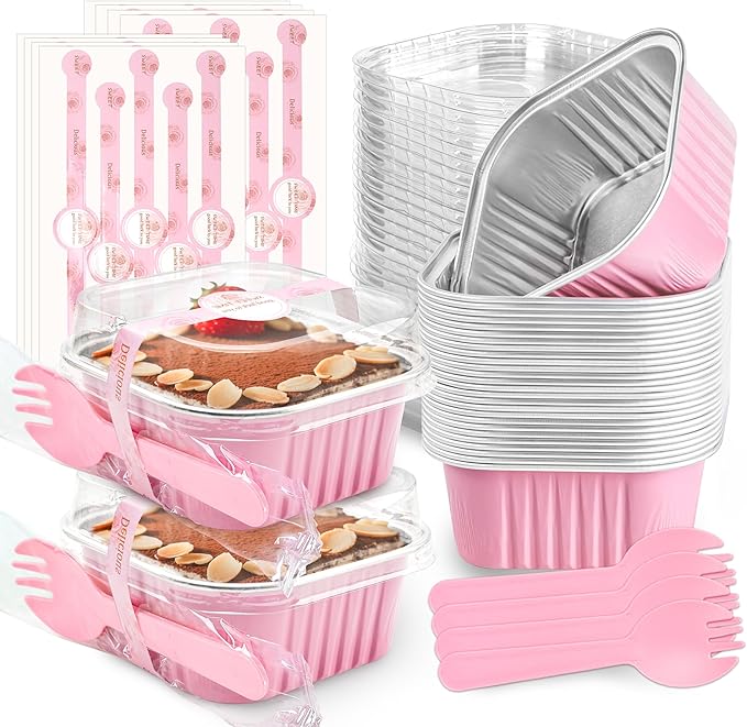 60 Pack Mini Cake Pans with Lids Mini Aluminum Pans, Disposable Loaf Pans Cupcake Liners with Lids for Pudding, Souffle, Party, Wedding(Pink, 5 oz)