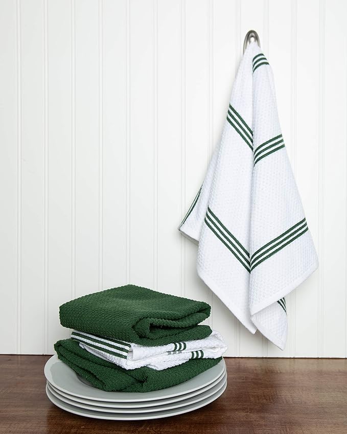 Sticky Toffee Cotton Kitchen Towels Set of 4 – 28x16 in Dark Green and White Dish Towels, Reusable and Absorbent Tea Towels for Cleaning or Drying, Oeko-Tex Cotton