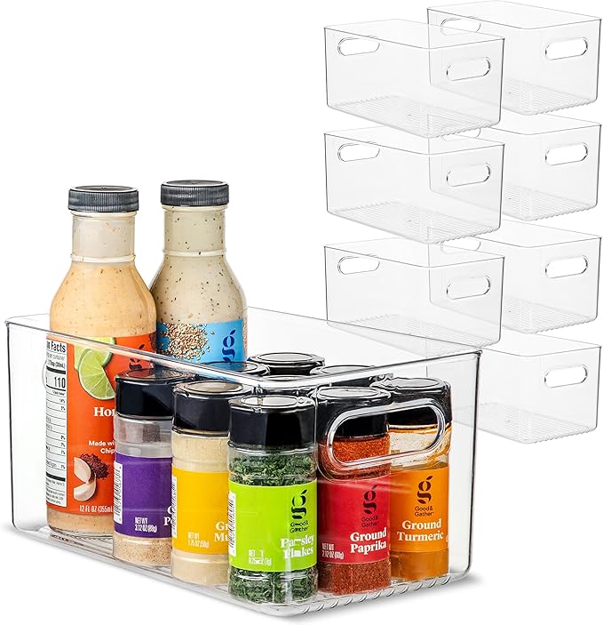 Plastic Food Storage 8 Pack Clear Container Bin with Handles for Organizing Kitchen, Pantry, Fridge, Freezer, Pantry,Bathroom. 10"x6"x5"