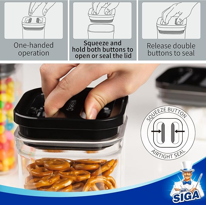 MR.SIGA 4 Pack Airtight Food Storage Container Set, BPA Free Kitchen Pantry Organization Canisters, One-handed Airtight Cereal Snack Candy Storage Containers, 1 L / 34oz, Medium, Black